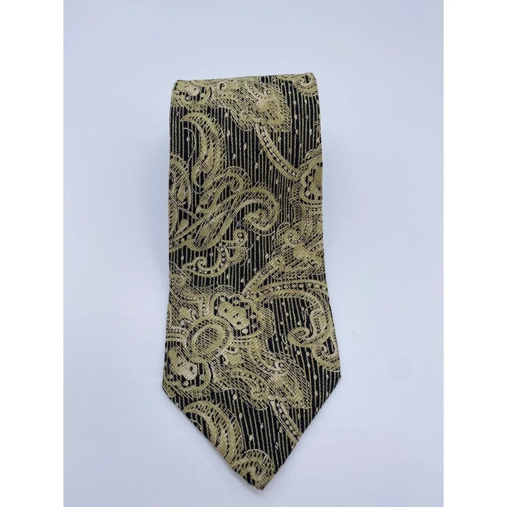 Studio Bugatti Mens Gold Black Paisley Striped 100% Italian Silk Tie Made in USA